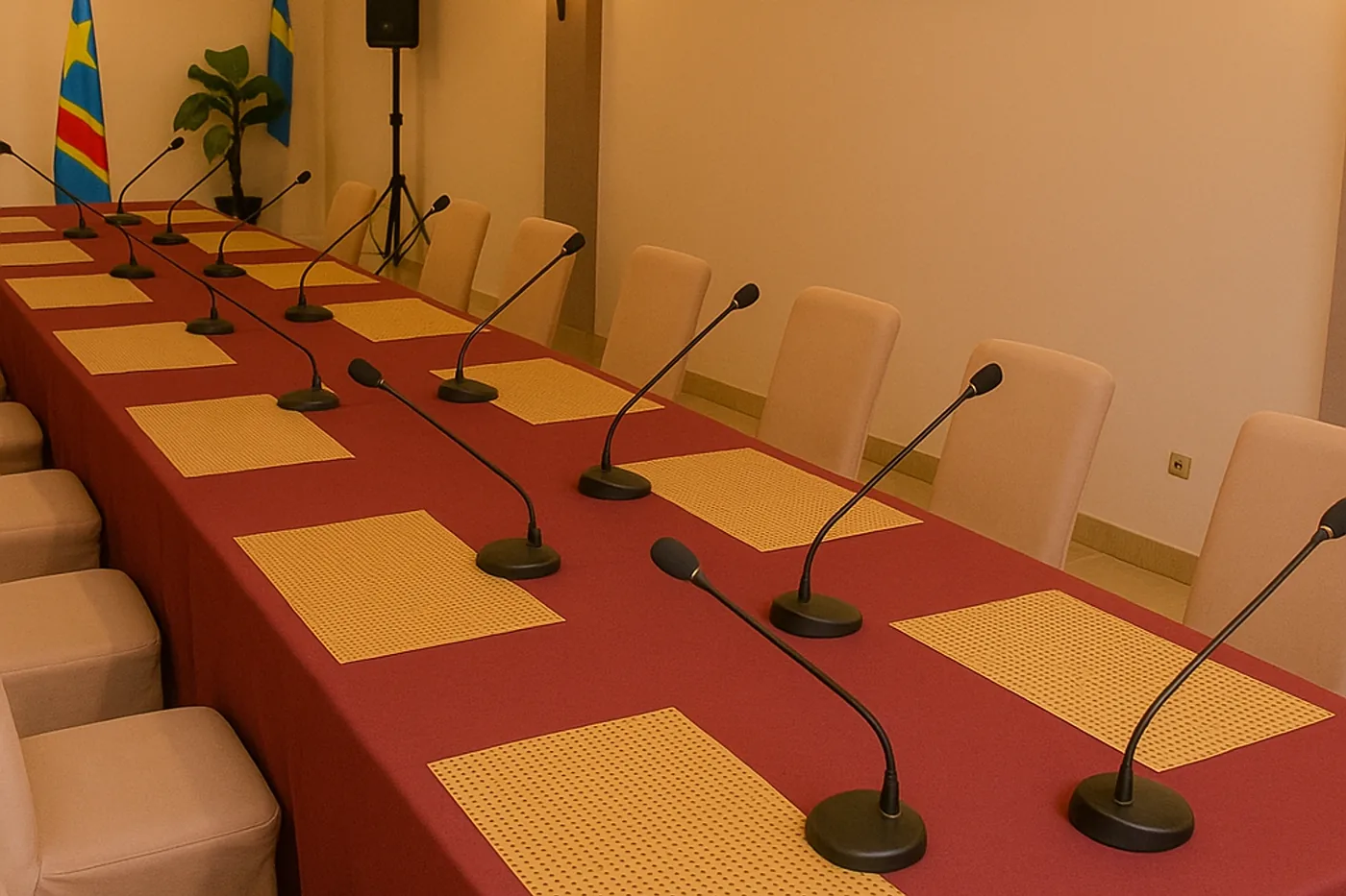 Salle conférence avec microphones et drapeaux