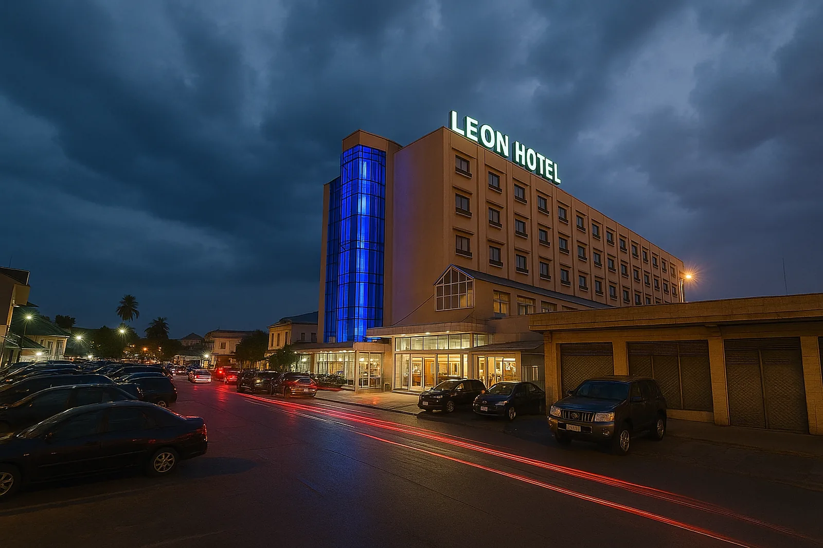 Hôtel Léon illuminé au crépuscule